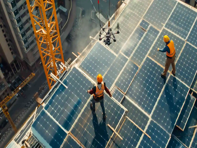 Team installing solar panels on a business complex