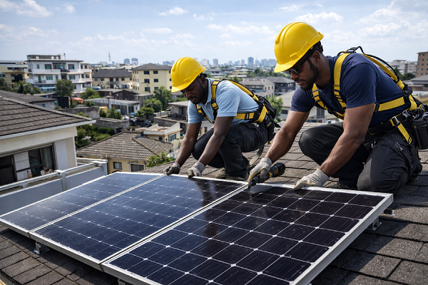 HelioCore solar technicians installing rooftop solar panels in Lagos
